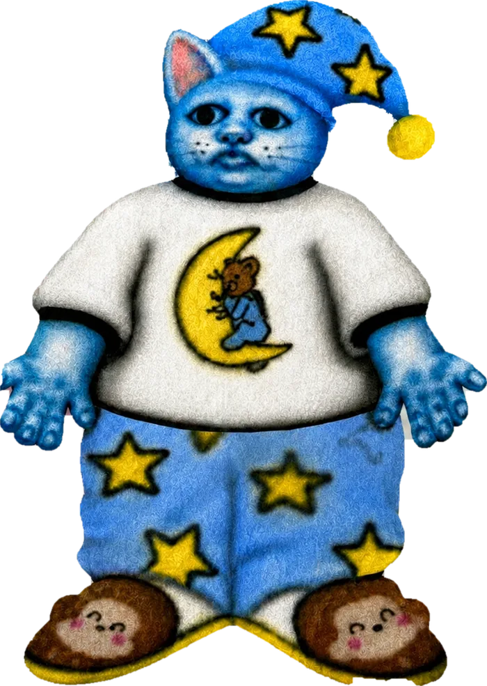A blue cat in star pyjamas, just woken up